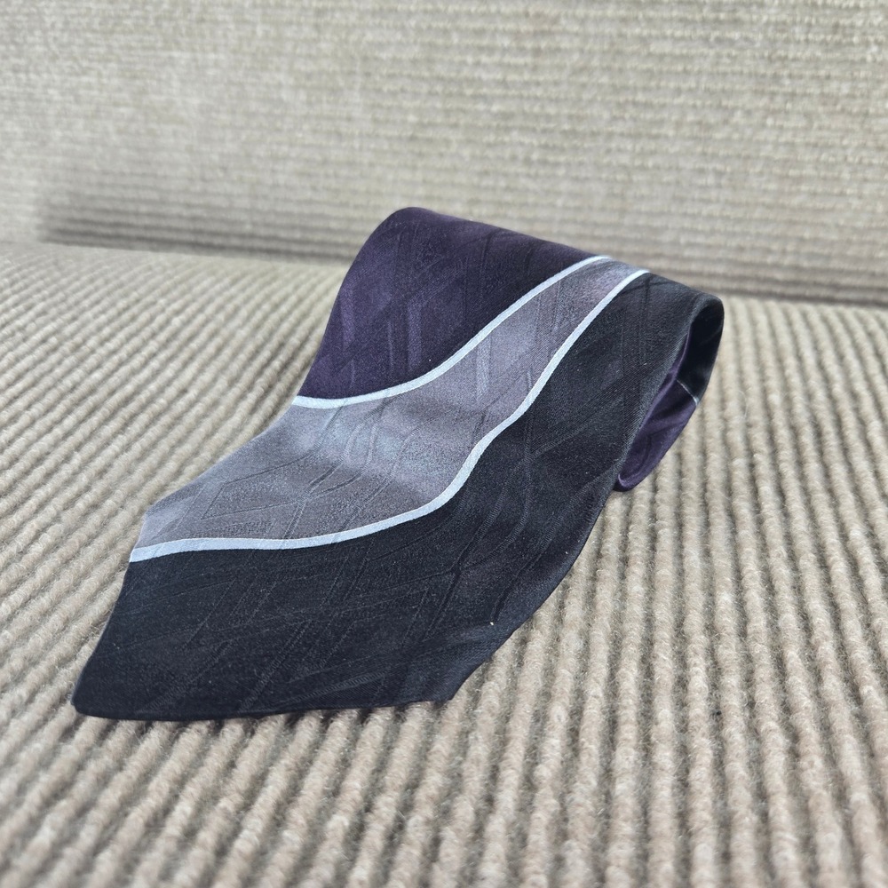 J. Ferrar Mens Purple Charcoal Silver Diagonal Colorblock Silk Necktie